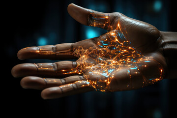 Human hand and hologram interface on hand. AI generative.