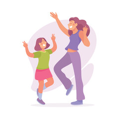 Young Mom with Daughter Dancing to Music Moving Body Vector Illustration