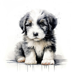 A cute Old English sheepdog puppy on a white background. Digital watercolour. 
