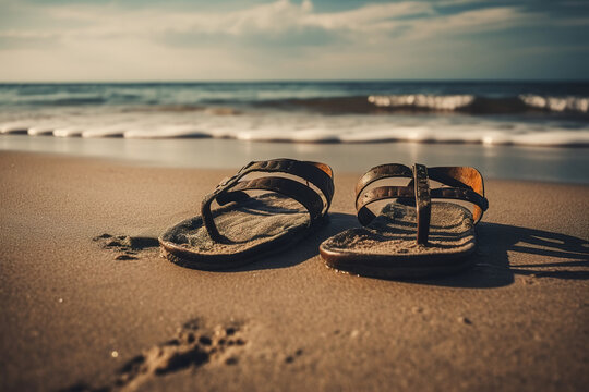 Generative AI colorful illustration of selective focus of stylish brown leather flip flops placed on sandy beach near wavy sea on summer vacation