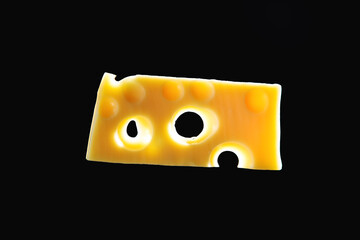 Piece of yellow cheese with holes.