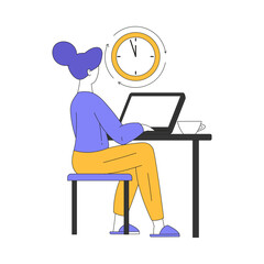 Teleworking with Young Woman Sitting at Laptop Working from Home Vector Illustration