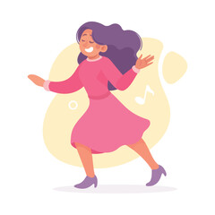 Young Woman in Pink Dress Dancing to Music Moving Body Vector Illustration