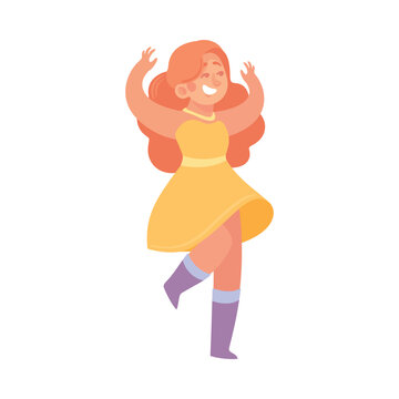 Young Woman in Yellow Dress Dancing to Music Moving Body Vector Illustration