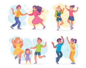 Happy Family and People Dancing Together with Kid Vector Set