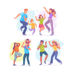 Happy Family and People Dancing Together with Kid Vector Set