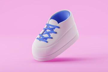 Cartoon white sneaker with blue shoelaces on a pink background. 3d rendering.