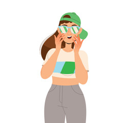 Woman Fan Character in Green Baseball Cap and Sunglasses Cheering for Sport Team Vector Illustration