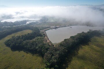 Aerial view of the sand extraction port on the banks of the Paraiba River in the Paraiba Valley, Sao Paulo, Brazil. 2023