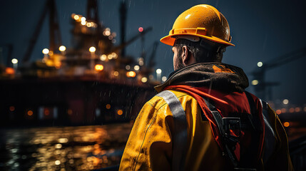 Night Shift Vigilance Industrial Worker Observing Oil Rig Operations in Stormy Weather. created with Generative AI