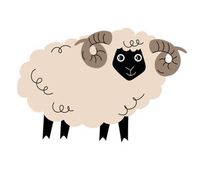 Cute Ram with Horns and Wooly Coat as Farm Animal Vector Illustration