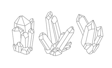 Hand-drawn crystal minerals set isolated on white background. Minimalistic line art. 