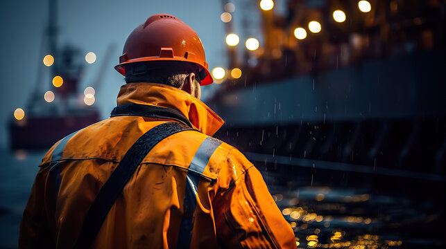 Night Shift Vigilance Industrial Worker Observing Oil Rig Operations In Stormy Weather. Created With Generative AI