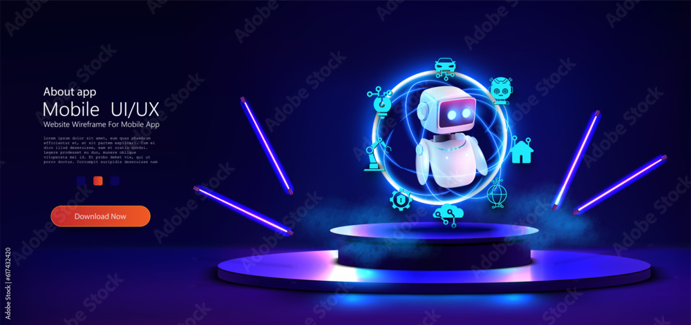 Poster A smart smart bot on the podium processes information. Cute neon cartoon robot. AI Content Generator. Chatbot technology, isometric. AI chat bot based on artificial intelligence and neural networks. 