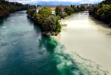Geneva Jonction, Switzerland, Europe - place where two rivers Rhone left and Arve right conect and...