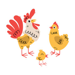 Cute Hen, Chick and Cockerel as Farm Animal Vector Illustration