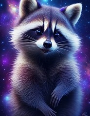 Obraz premium Cute racoon in realistic style whit galaxy background