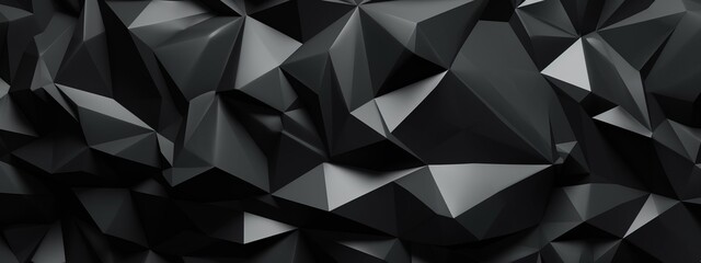 Abstract 3d texture, black crystal background, faceted texture, macro panorama, wide panoramic polygonal wallpaper (Generative Ai)