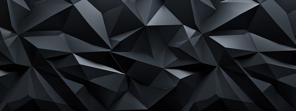 Abstract 3d texture, black crystal background, faceted texture, macro panorama, wide panoramic polygonal wallpaper (Generative Ai)