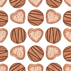Watercolor cookie with chocolate jam and white chocolate heart shaped cookie seamless pattern. Watercolor cookie illustration.
