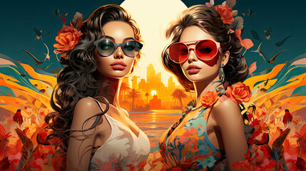 Two smiling female friends wearing fashionable sunglasses and floral hair accessories stand in front of a beautiful full moon in the night sky - Generative AI