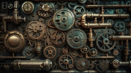Fototapeta na wymiar old mechanical gears and pipes. background for designers. Generative AI