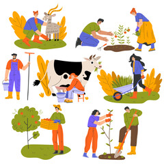 People Farmer Characters at Work Livestock Breeding and Plant Cultivation Vector Set