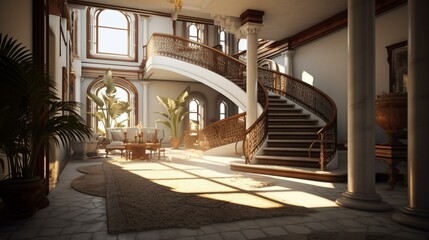 interior of a hotel with stairs and palm trees. 3d rendering