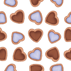Fototapeta premium Watercolor chocolate and white chocolate heart shaped cookie seamless pattern. Watercolor cookie illustration.