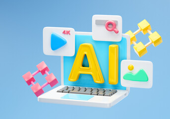 3d Artificial intelligence training concept. using AI for generated photos, video enhance and researching by prompt command.  3d render illustration.
