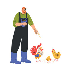 Happy Bearded Man Farmer Character Throwing Grain to Poultry Vector Illustration