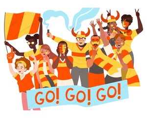 People Crowd of Fans with Flag and Attribute Cheering for Sport Team Vector Illustration