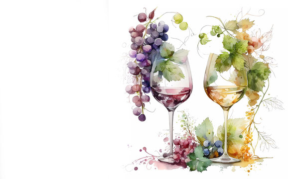 Two glasses of wine. Grape. Red and white wine. Banner. Generated AI