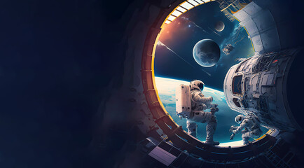 Fototapeta na wymiar Astronauts work in space. Banner. Wallpaper. created by AI