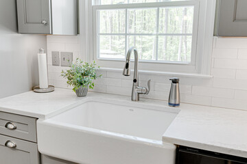 Beautiful Farmhouse Kitchen Interior with Farm Sink and Faux Plants for Styling