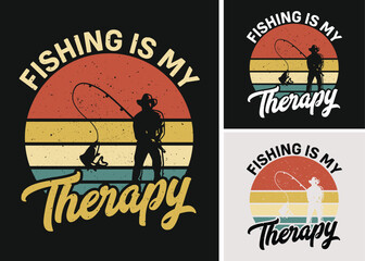 Fishing is my Therapy Retro Vintage Sunset T-shirt Design, Fishing Lover, Hooker, Fishing shirts,