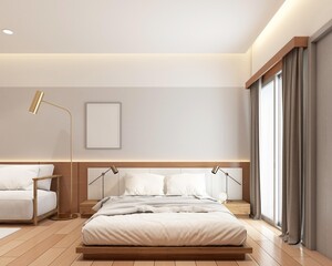 Modern japan style tiny room decorated with white bed and wood wall hiding lights, gray wall and wood floor.3d rendering