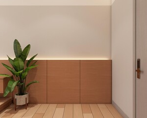 Modern japan style empty room decorated with wood wall hiding lights and gray wall, wood floor and gray wood door.3d rendering