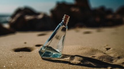 Fototapeta na wymiar a glass bottle on the beach by the sea. Generative AI