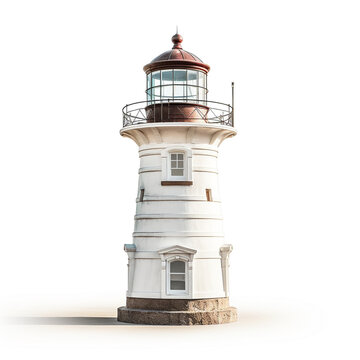 Old lighthouse isolated on white background. Painted in bright colors and built to guide ships approaching the coast.