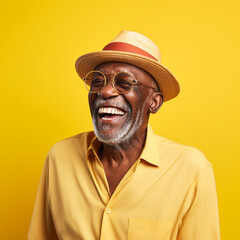 Black senior man smiling on a yellow background. Generative AI.