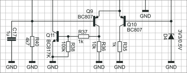 An analog circuit with
electronic components (capacitor, resistor,
diode, transistor) connected by conductors. Vector diagram of an electrical
schematic of an electronic device on a grid background.