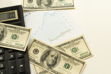 Accounting charts and graphs with us dollar bills pen calculator. Stock market graphs