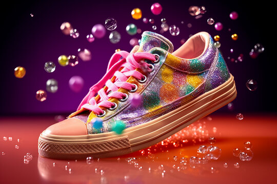 fashion pair of sneakers in a brilliant shiny background, product sport theme concept