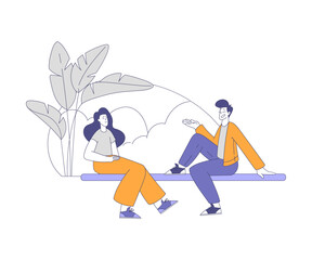 Man and Woman Character Sitting on Bench in the Park and Talking Vector Illustration