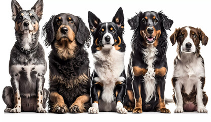 Dogs of different breeds sit in a line and look at the camera. Banner. AI generated