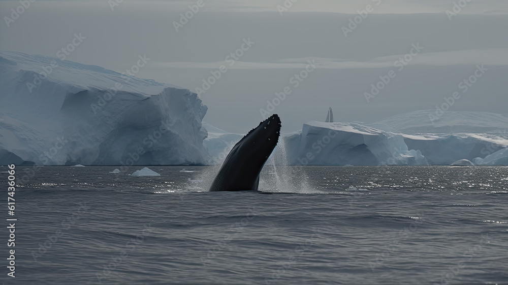 Wall mural a humpback whale emerges in the background are floating ice glaciers . generative ai