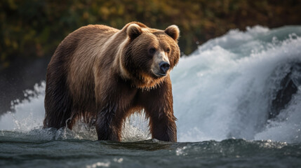 Obraz na płótnie Canvas an adult grizzly bear hunts for salmon fish in the water. Generative AI