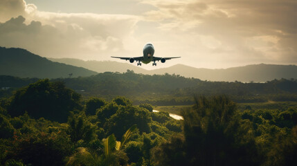 Fototapeta na wymiar a passenger plane approaching over a forest. Generative AI