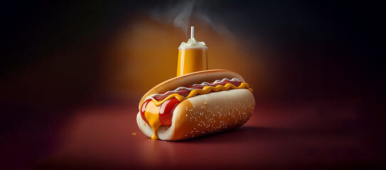 Hot dog on an abstract background. Sauces in the background. Banner. AI generated